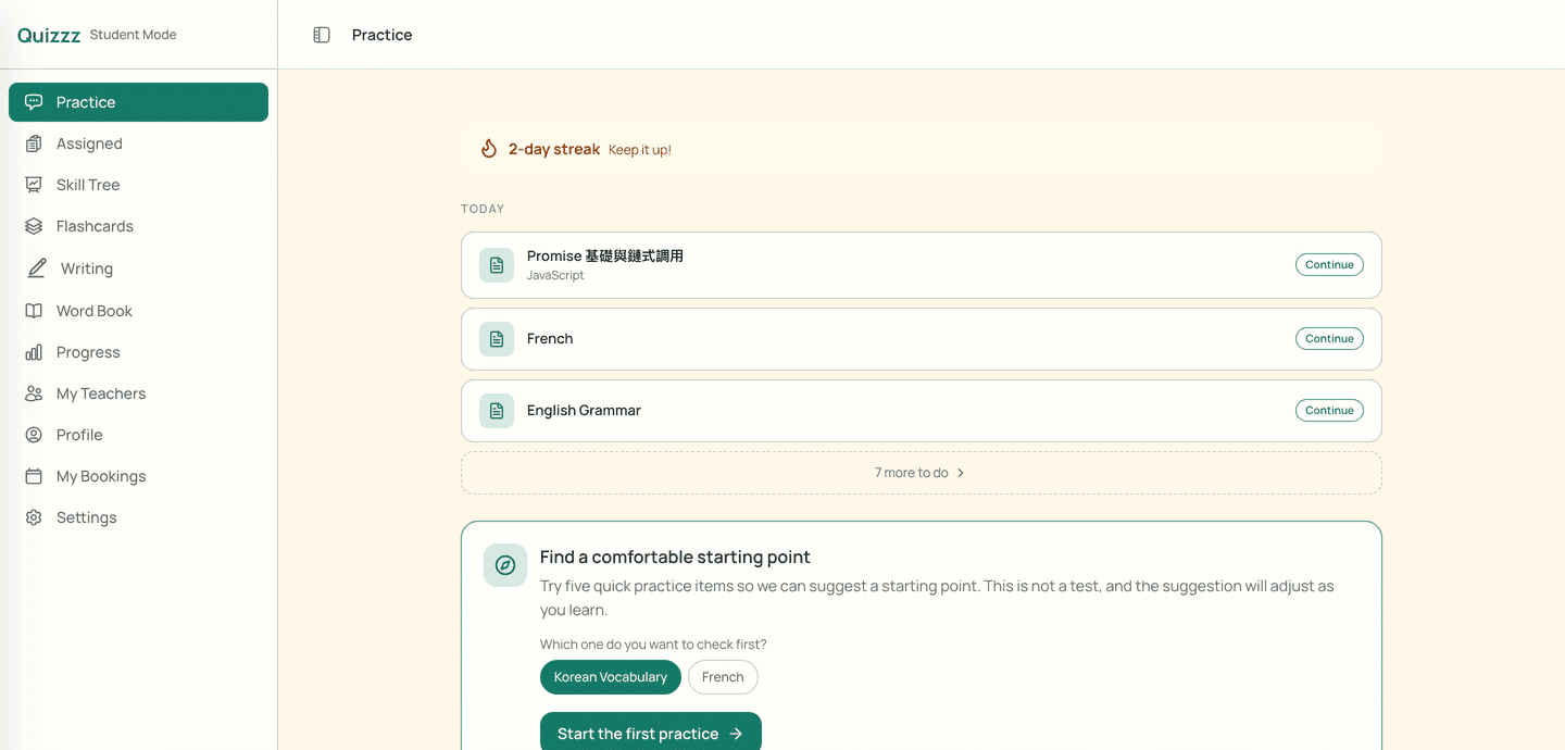Quizzz student portal showing today's practice and the placement suggestion