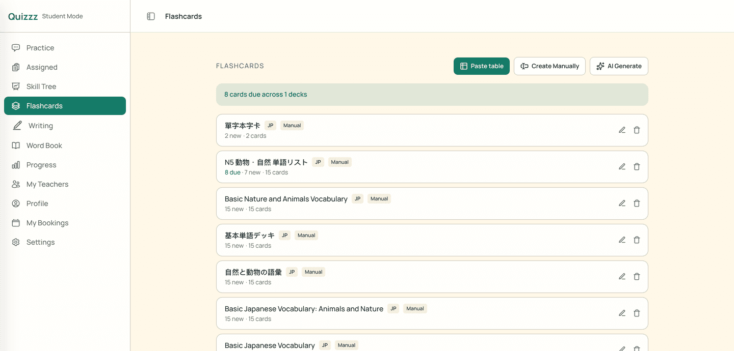 Flashcard decks in the Quizzz student portal with spaced-repetition due counts